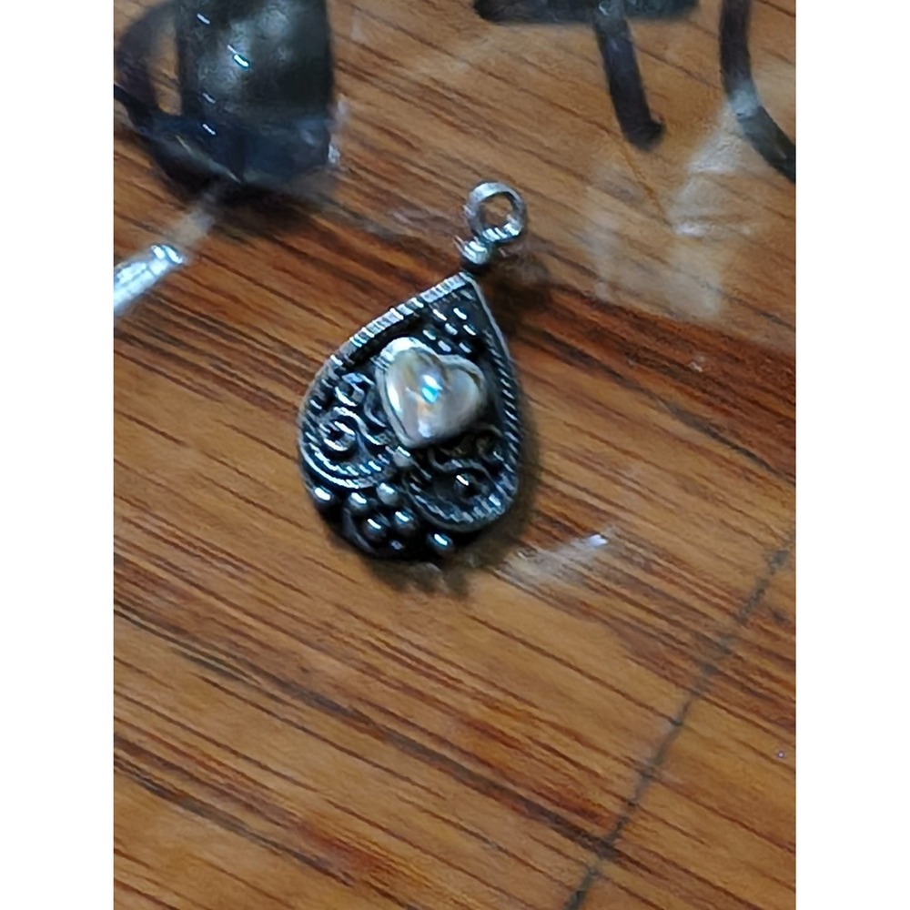 Vintage Filigree Teardrop Heart Pendant Silver Tone Ornate Scroll Charm Womens